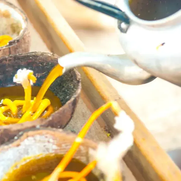 Soy wax luxury candles being poured into containers.